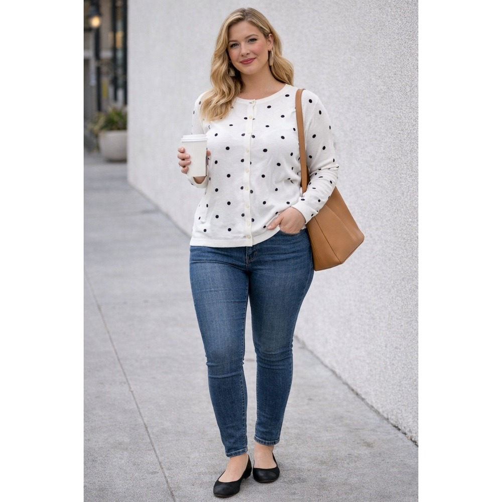 Croft & Barrow Womens White Navy Polka Dot Scalloped Button Cardigan Sweater L